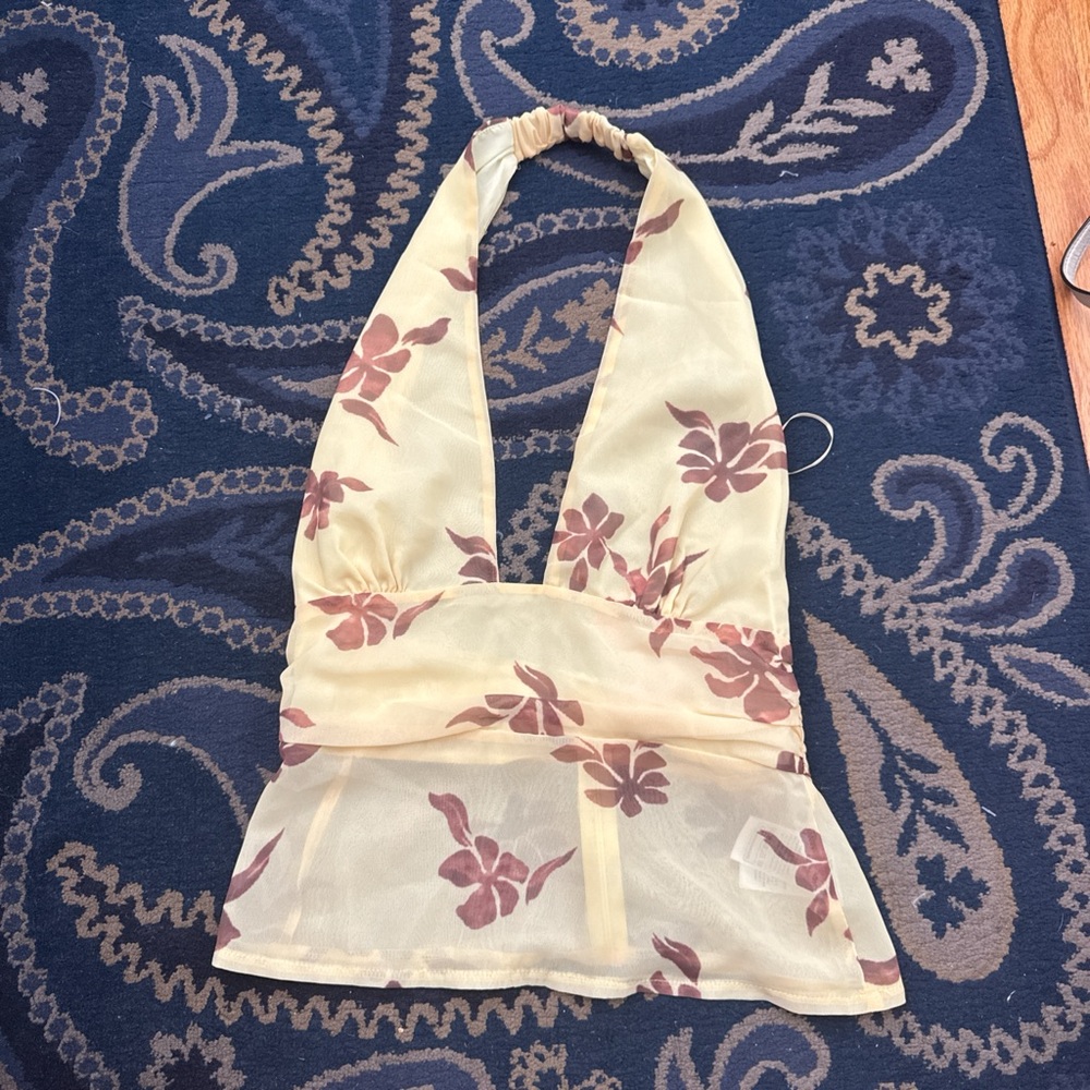 Edikted Yellow and Brown Floral Halter Top